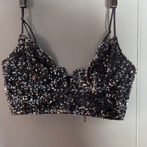 Anthropologie Sequin Black and Silver Crop Top